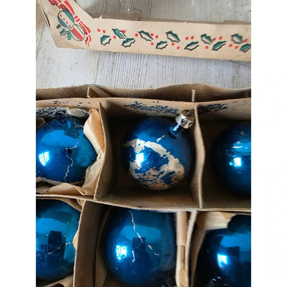 Vintage poland blue solid glass ornament Mercury Xmas tree box set as is